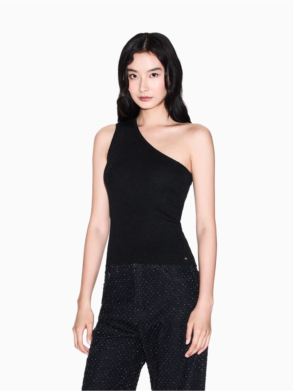 Armani Exchange Vintage Y2K One Shoulder Knit Tank Black Silk Blend Medium
